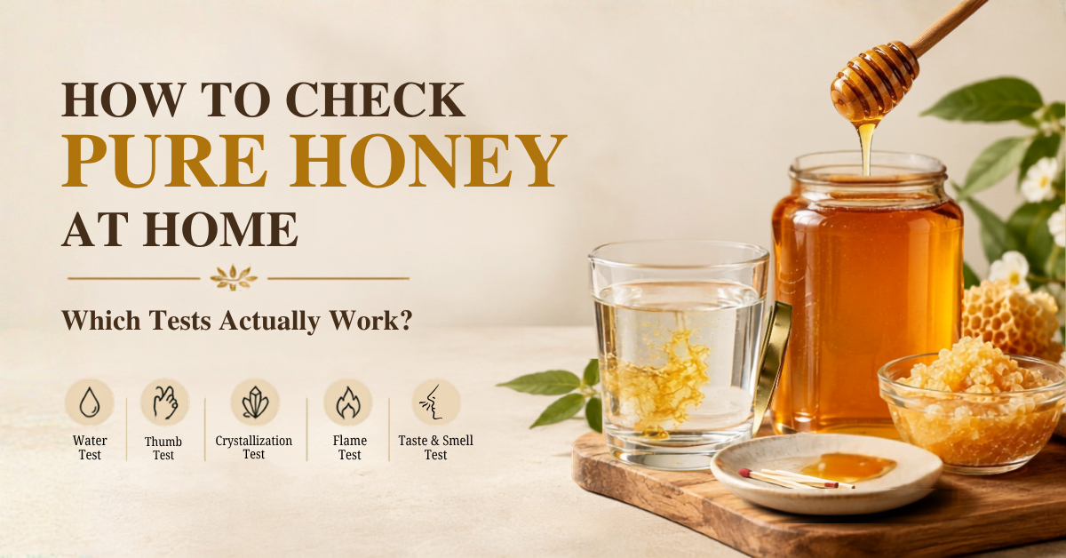 How to check pure honey at home - Water glass, matchstick and honey jar purity test setup