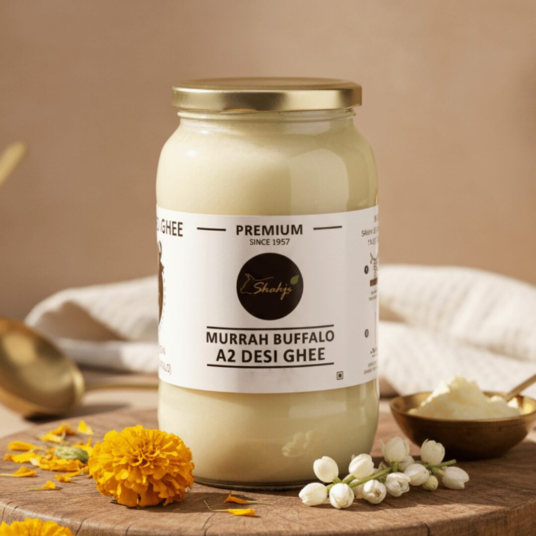 Shahji A2 Murrah Buffalo Bilona Ghee 1 litre jar - naturally pale ivory colour, traditional Meerut dairy