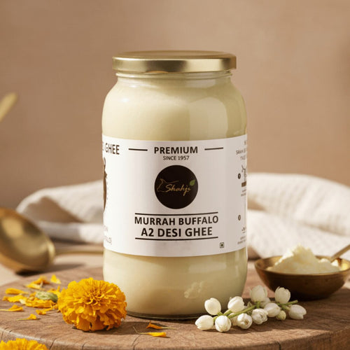 Shahji A2 Murrah Buffalo Bilona Ghee 1 litre jar - naturally pale ivory colour, traditional Meerut dairy
